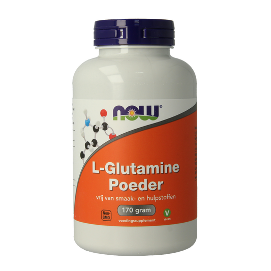 Container of NOW L-Glutamine powder supplement in a 170g jar, featuring the NOW brand label and product information.