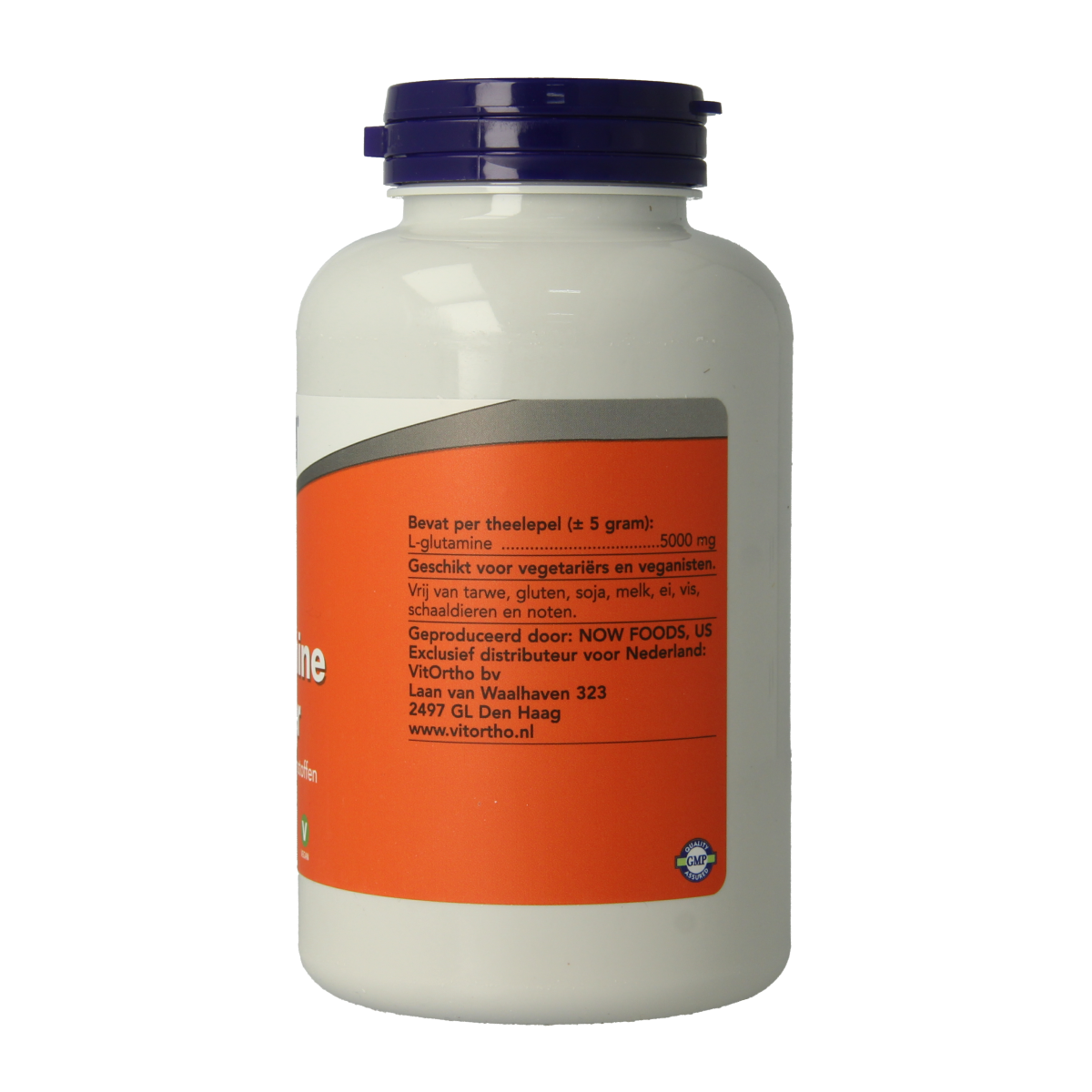 NOW L-Glutamine powder in a 170g container, showing the supplement's label with white and blue packaging.