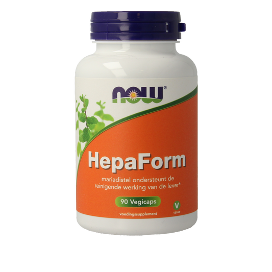 NOW HepaForm 90 vegetarian herbal capsules in a clear container, designed for liver health support.