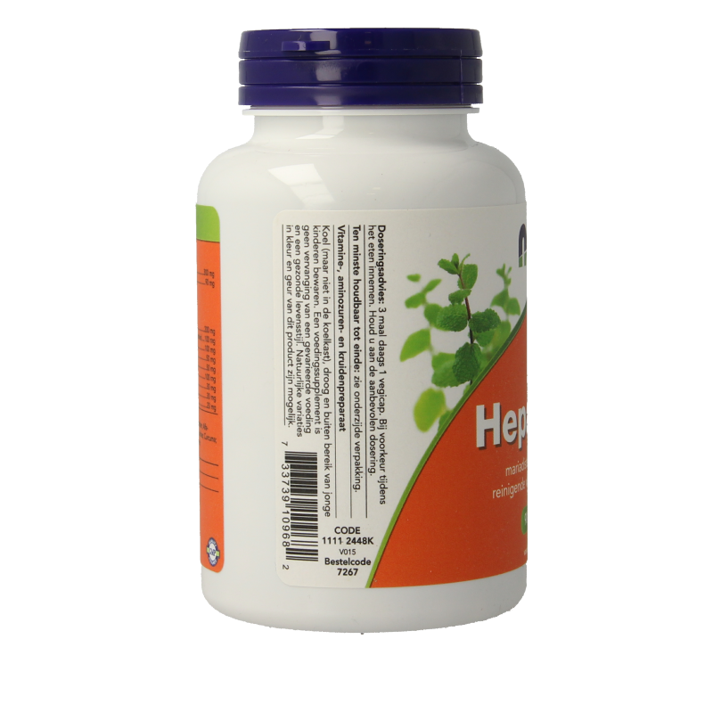 NOW HepaForm 90 vegetarian capsules for herbal supplement, showing the brown capsules in a clear container.
