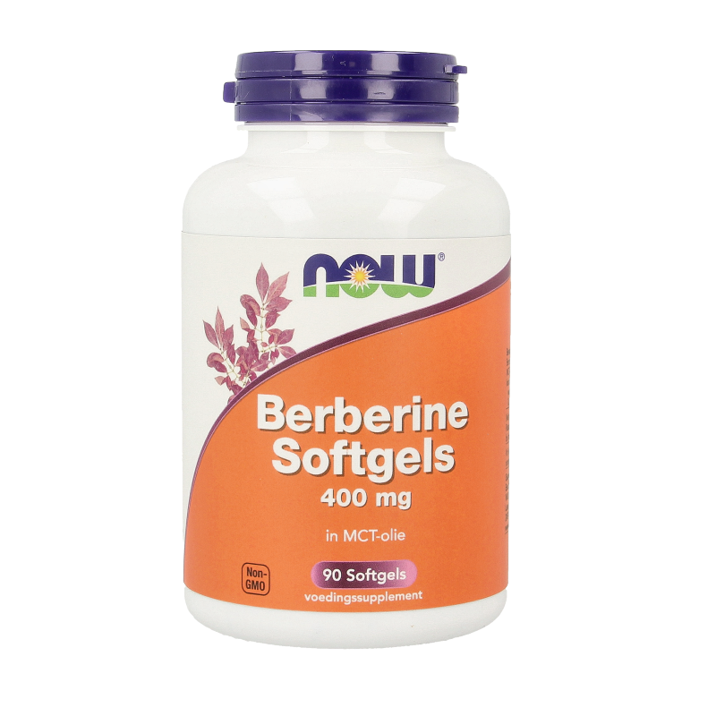 NOW Berberine 400mg softgels in a bottle, dietary supplement for herbal health support, from the NOW brand.