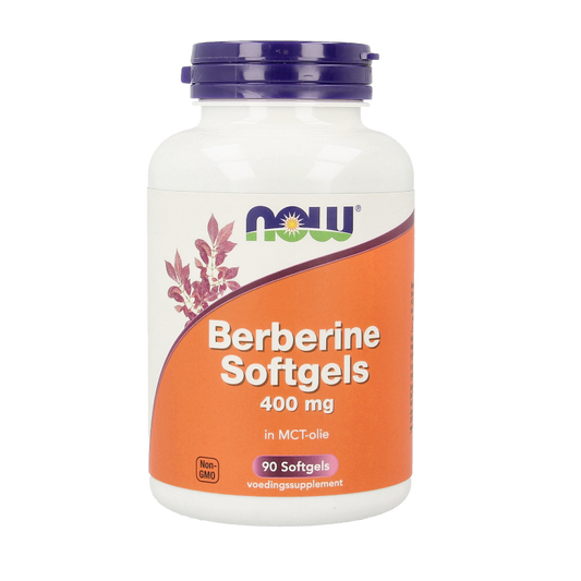 NOW Berberine 400mg softgels in a bottle, dietary supplement for herbal health support, from the NOW brand.