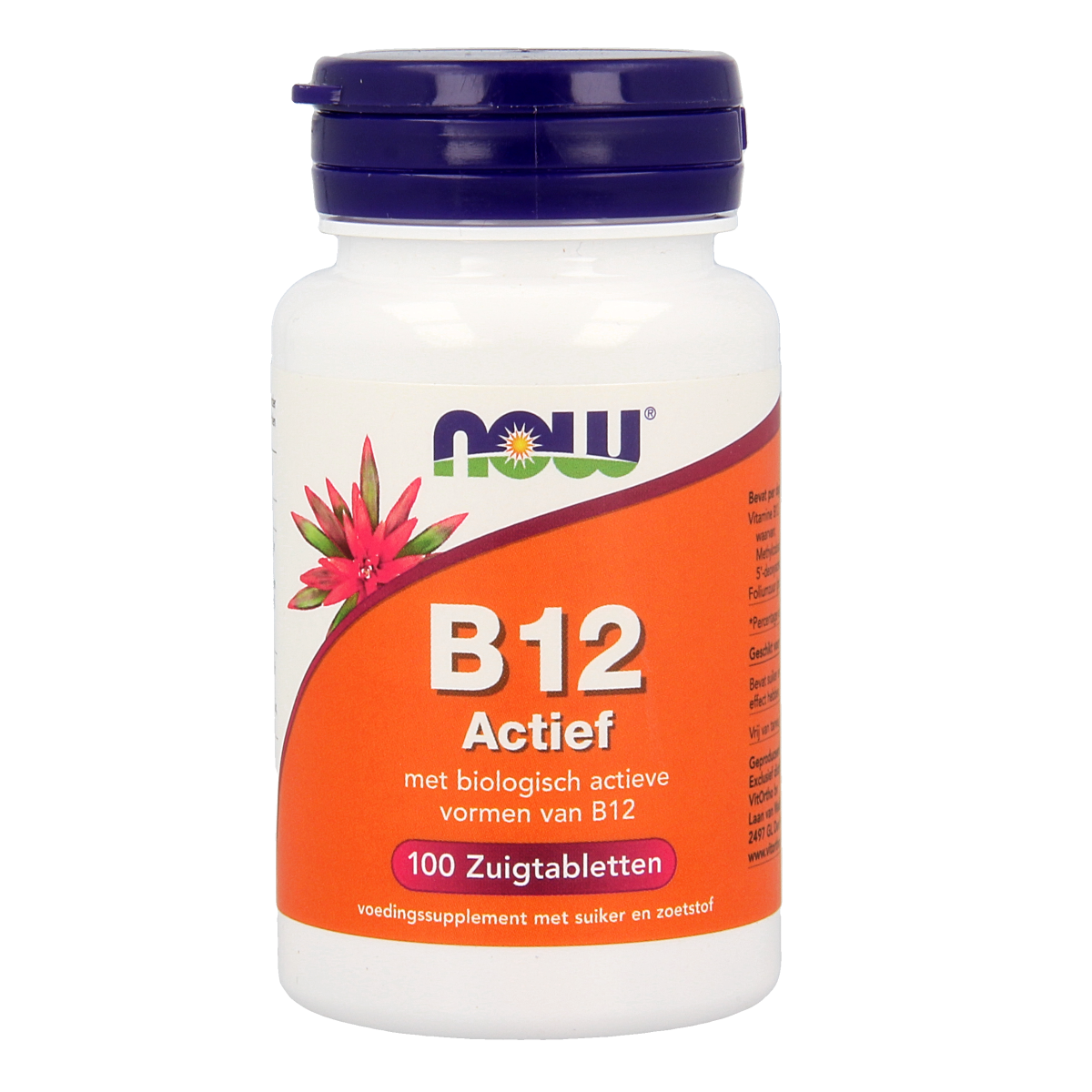 NOW Vitamine B12 actief 100 zuigtabletten, natural supplement with orange flavor, in orange bottle with tablets visible inside.