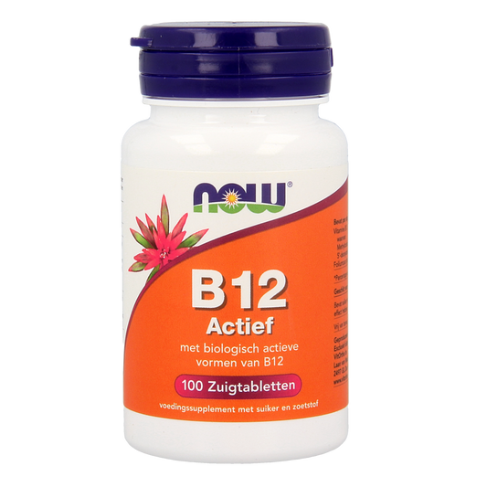 NOW Vitamine B12 actief 100 zuigtabletten, natural supplement with orange flavor, in orange bottle with tablets visible inside.