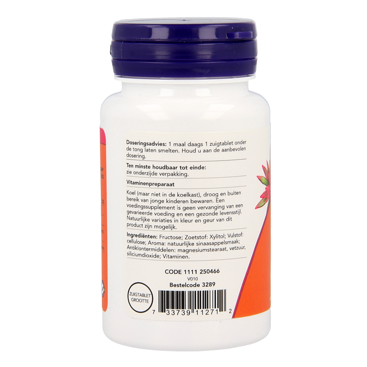 NOW Vitamine B12 actief 100 zuigtabletten, natural orange-flavored B12 supplement in a blister pack.