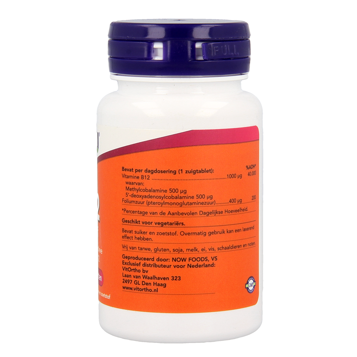 NOW Vitamine B12 actief 100 zuigtabletten, dietary supplement with orange-flavored B12 tablets for energy and overall health.