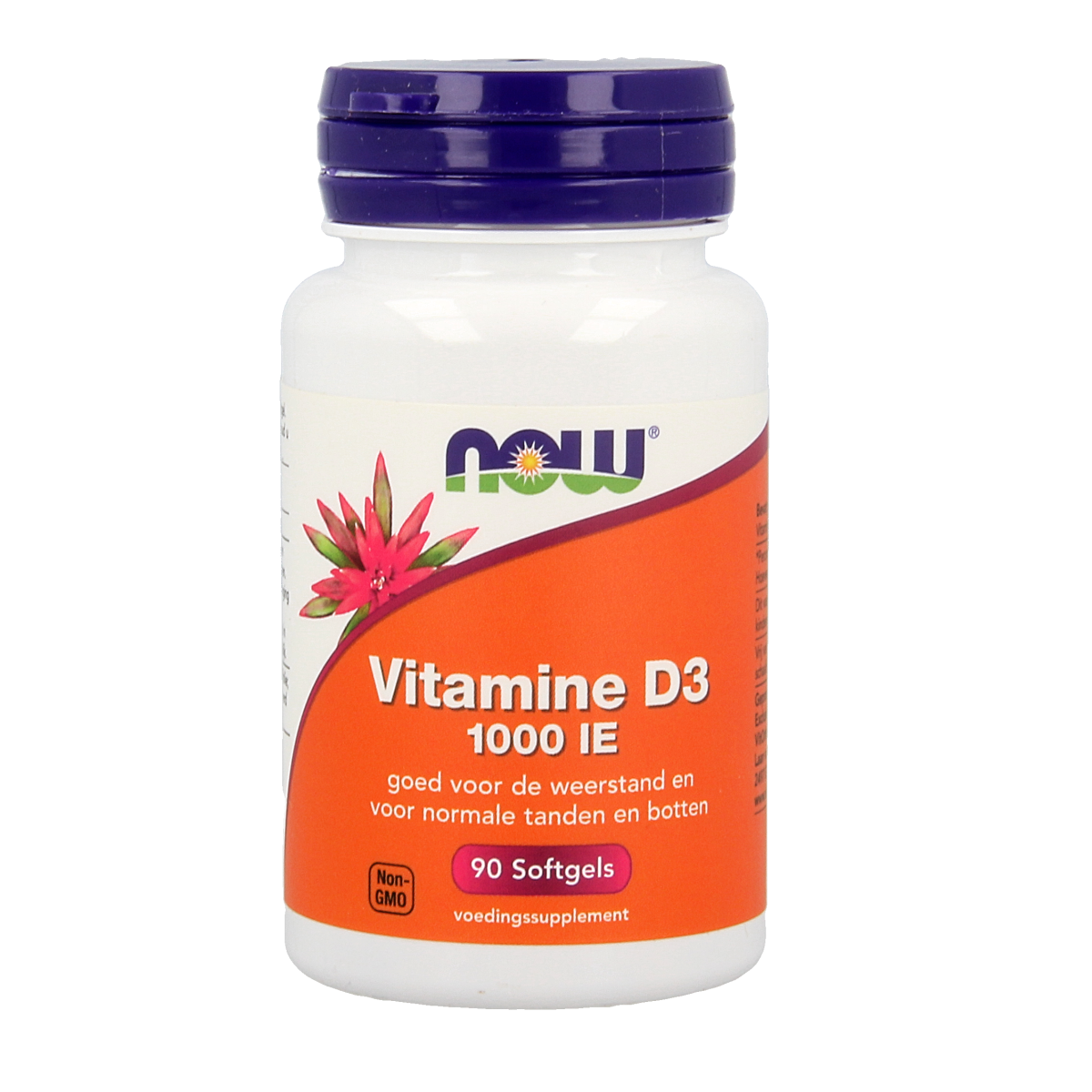 NOW Vitamine D3 1000IU softgels, natural supplement bottle with 90 softgels for immune support and bone health.