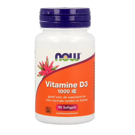 NOW Vitamine D3 1000IU softgels, natural supplement bottle with 90 softgels for immune support and bone health.