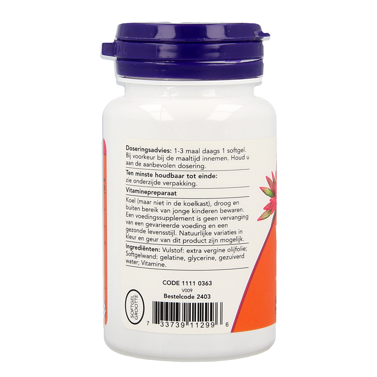NOW Vitamine D3 1000IU softgels, dietary supplement in a white bottle with yellow caps, shown in a close-up image.