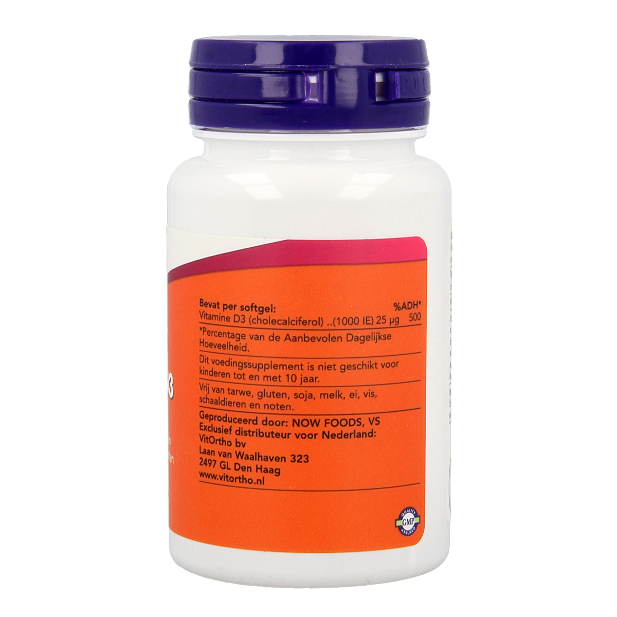 NOW Vitamine D3 1000IU softgels, dietary supplement bottle with 90 softgel capsules, displayed on a white background.