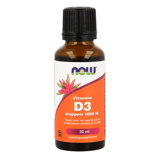 NOW Vitamin D3 drops 1000 IU in a 30ml bottle, natural supplement for bone health and immune support.