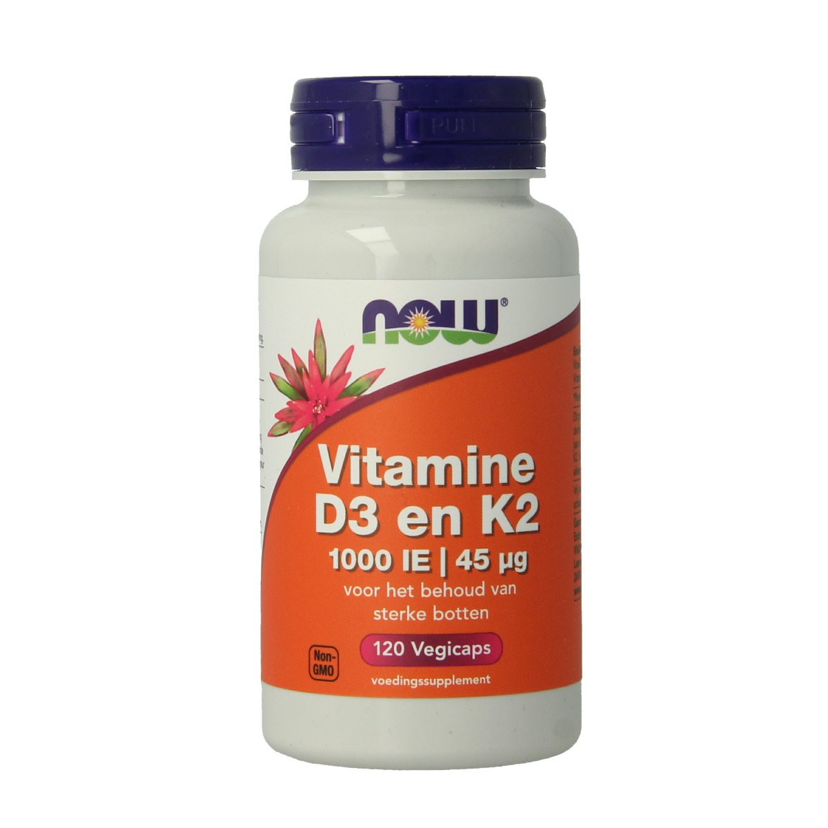 NOW Vitamine D3 1000IU and K2 vegetarian capsules, dietary supplement in yellow and white capsules, showing the product bottle.