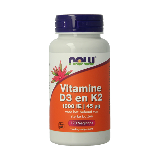 NOW Vitamine D3 1000IU and K2 vegetarian capsules, dietary supplement in yellow and white capsules, showing the product bottle.