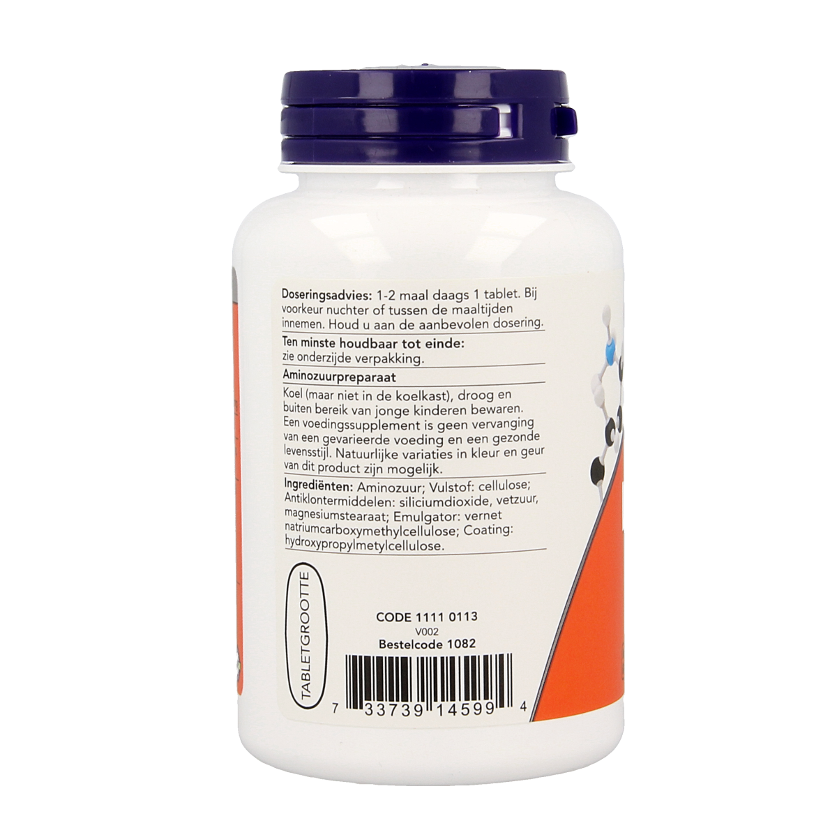 NOW L-Lysine 1000mg amino acid tablets, 100 count, dietary supplement bottle with clear label and white tablets inside.