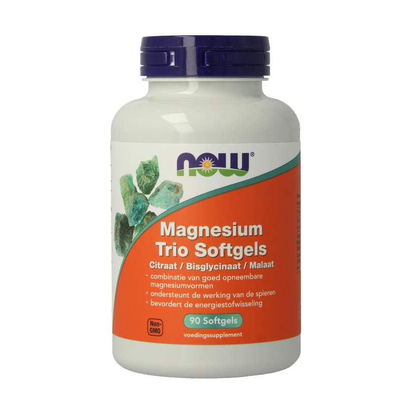 NOW Magnesium Trio softgels in a bottle, showing 90 mineral softgel capsules on the label.