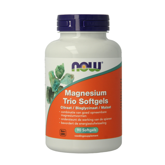 NOW Magnesium Trio softgels in a bottle, showing 90 mineral softgel capsules on the label.