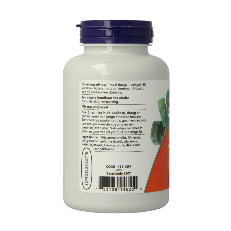 NOW Magnesium Trio softgels bottle with 90 mineral softgels, showing the product label and softgel capsules inside the bottle.