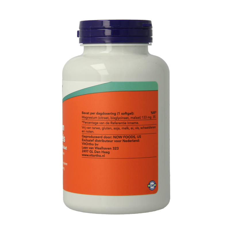 NOW Magnesium Trio softgels, a bottle of 90 mineral softgel capsules for magnesium supplementation.