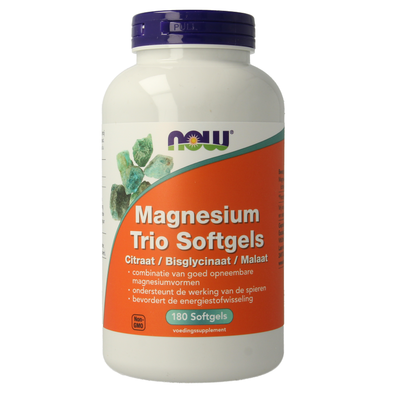 NOW Magnesium Trio softgels bottle with 180 mineral softgel capsules for dietary supplement use.