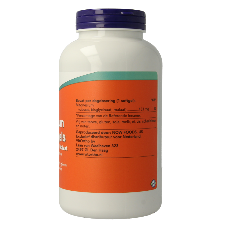 NOW Magnesium Trio softgels, a bottle of 180 mineral softgel capsules for magnesium supplementation.