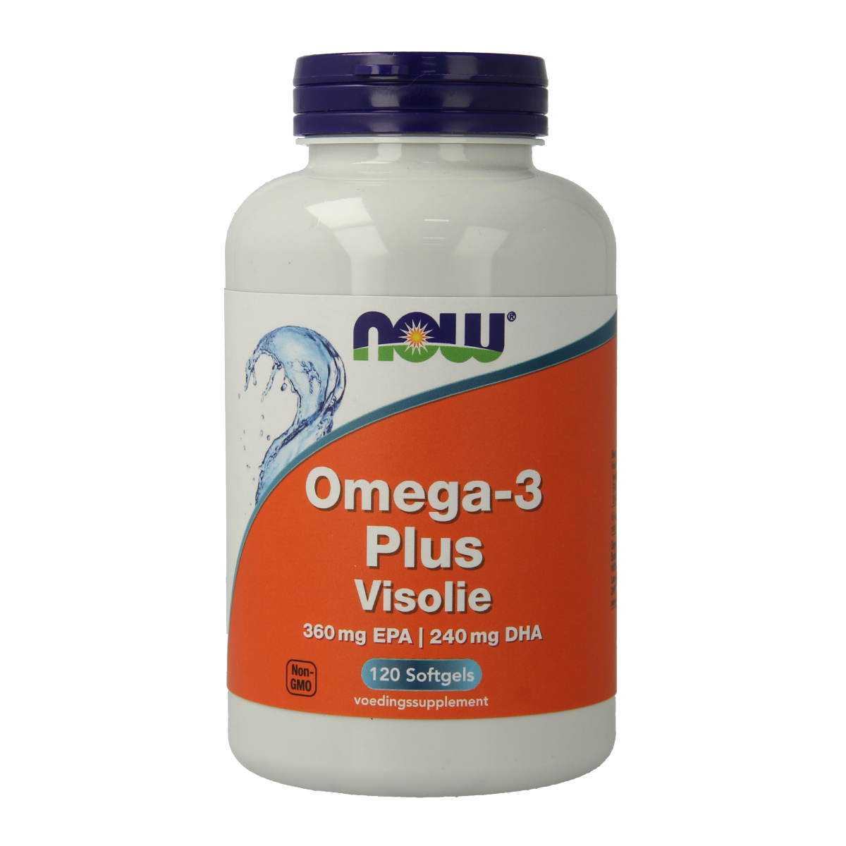 NOW Omega-3 Plus softgels with 360 mg EPA and 240 mg DHA, showing a bottle of 120 softgels on a white background.