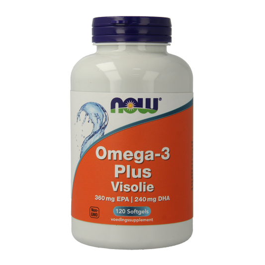 NOW Omega-3 Plus softgels with 360 mg EPA and 240 mg DHA, showing a bottle of 120 softgels on a white background.