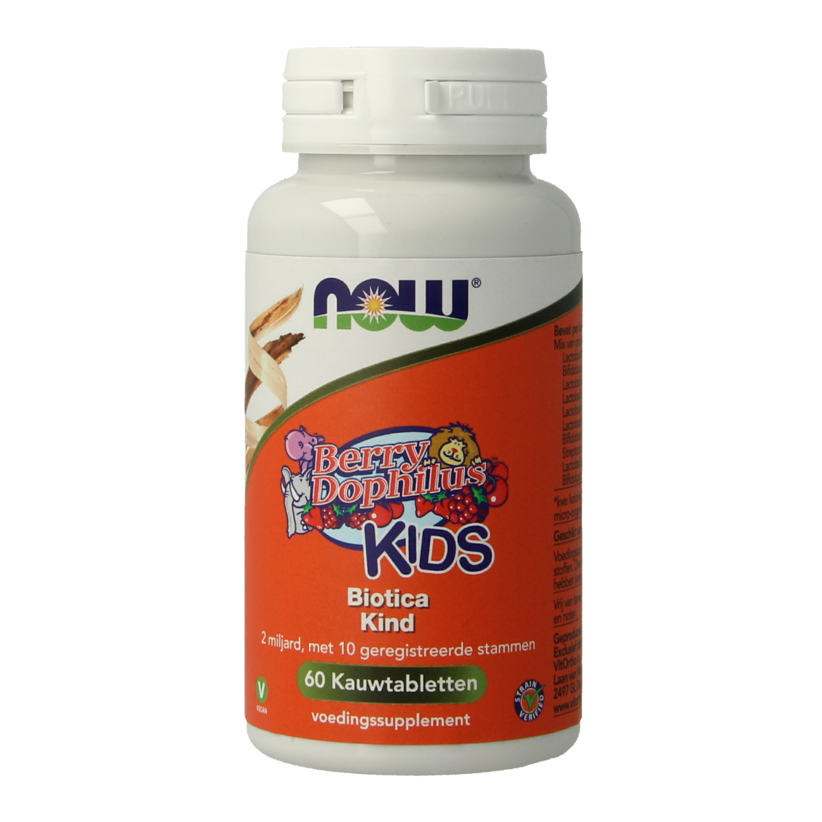 NOW Berry Dophilus Kids probiotic tablets featuring colorful berry-shaped micro-organisms for children's digestive health.