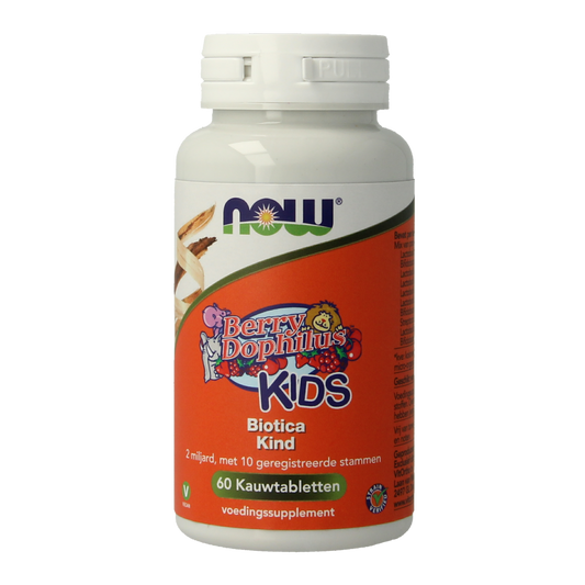 NOW Berry Dophilus Kids probiotic tablets featuring colorful berry-shaped micro-organisms for children's digestive health.