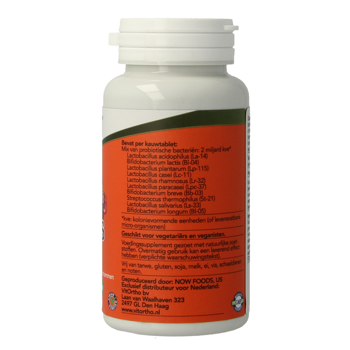 NOW Berry Dophilus™ Kids probiotic micro-organisms in chewable tablets, featuring colorful berry-flavored design for children.