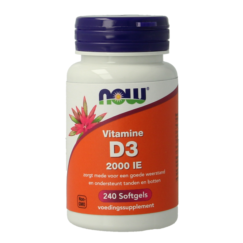 NOW Vitamine D3 2000IU softgels, dietary supplement in a white bottle with 240 capsules, designed to support immune health.
