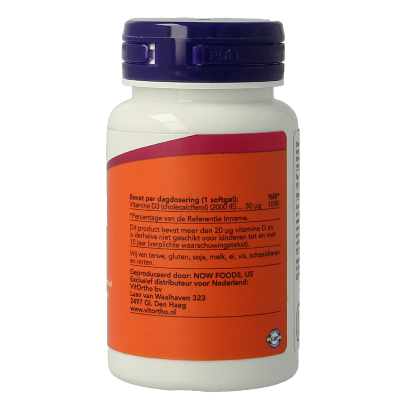 NOW Vitamine D3 2000IU softgels, dietary supplement bottle with 240 softgel capsules for immune support and bone health