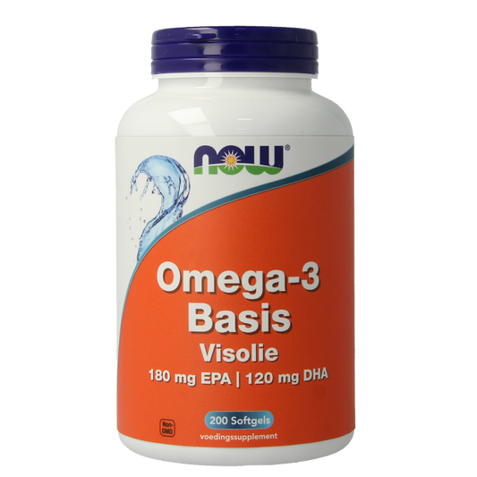 Vetzuren NOW Omega-3 softgels with 180 mg EPA and 120 mg DHA, shown in a clear bottle with softgel capsules.