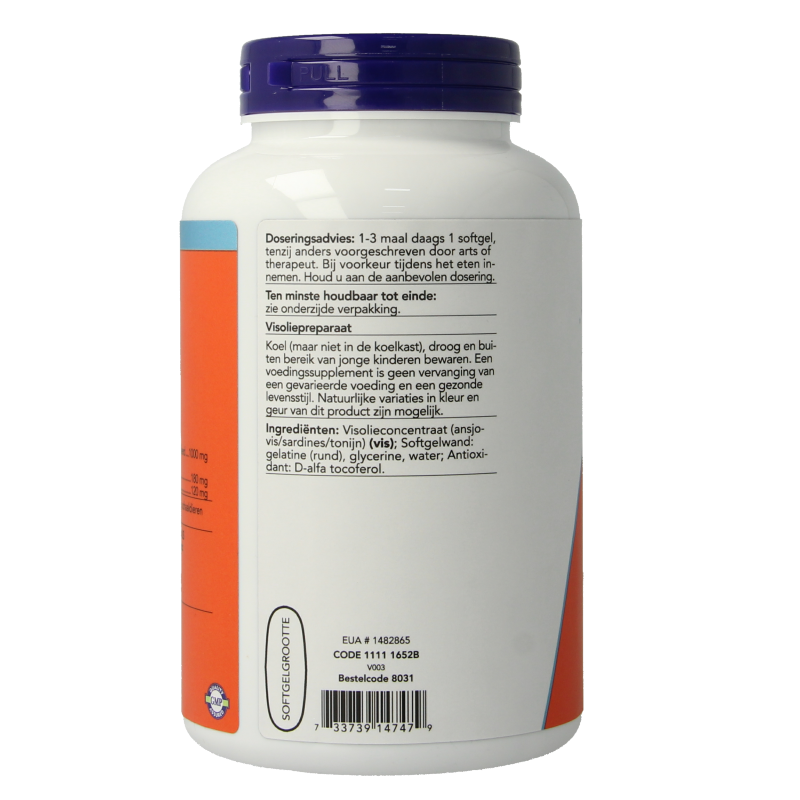 NOW Omega-3 softgels containing 180 mg EPA and 120 mg DHA, shown in a clear bottle with softgel capsules inside.