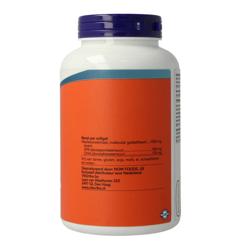 NOW Omega-3 softgels with 180 mg EPA and 120 mg DHA, Vetzuren supplement in a clear bottle.