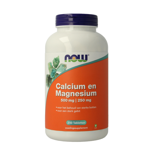 NOW Calcium 500mg and Magnesium 250mg mineral tablets, showing a bottle with white tablets inside.