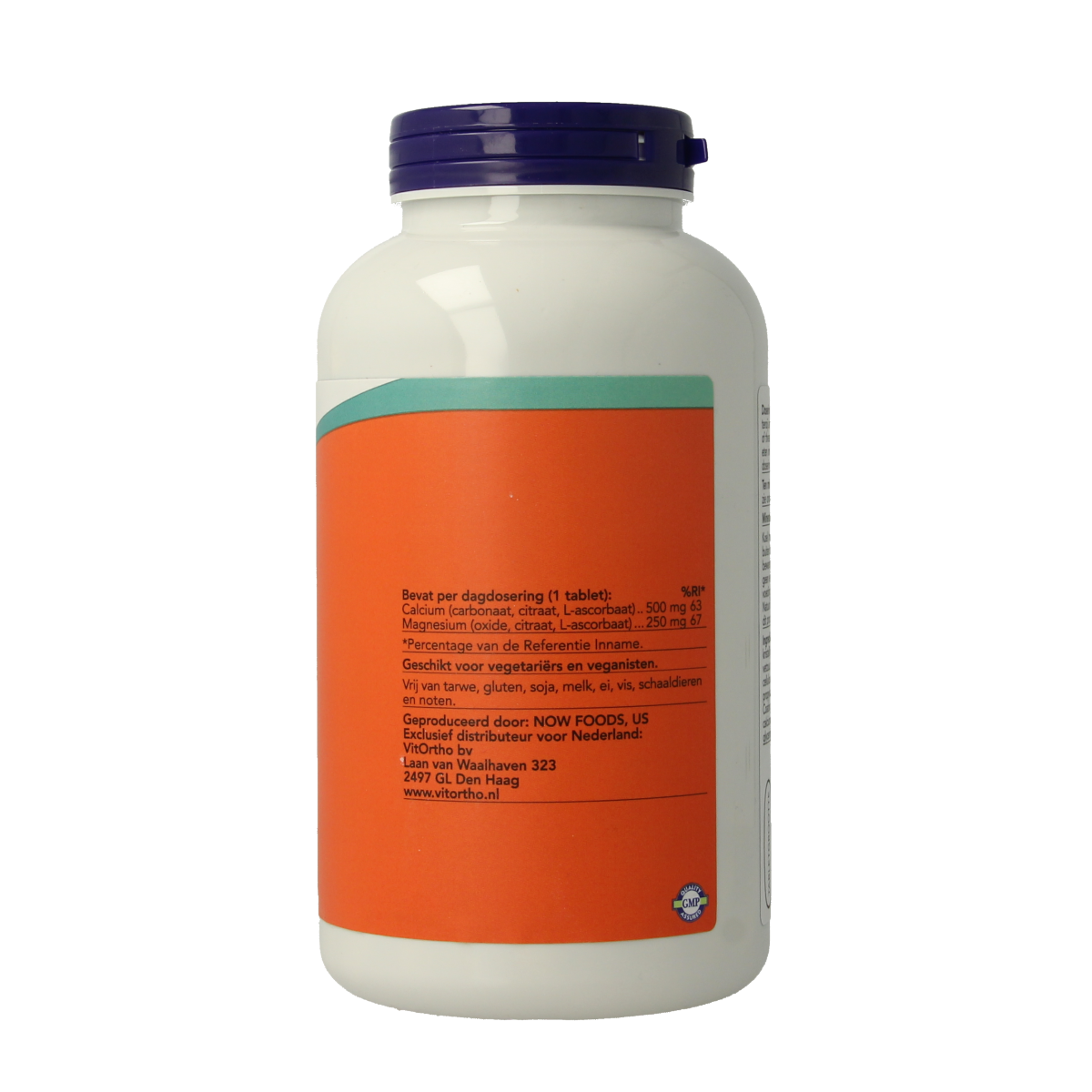 NOW Calcium 500mg and Magnesium 250mg mineral supplement tablets, showing a bottle with white tablets inside.