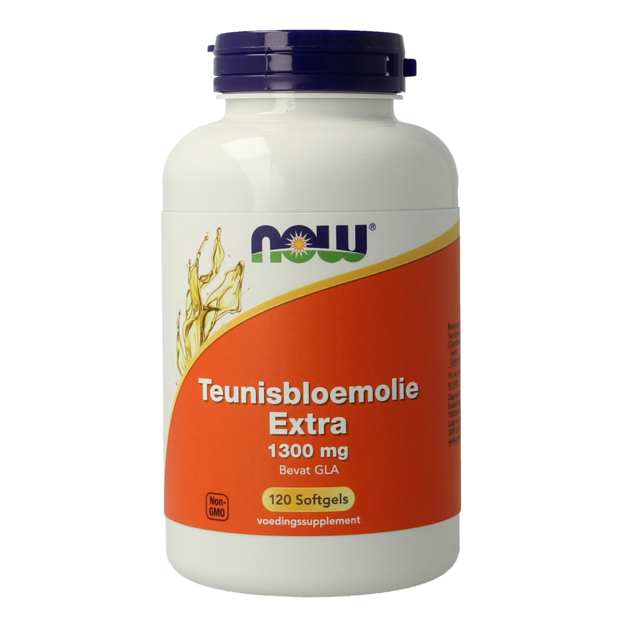 NOW Teunisbloem extra 1300mg softgels in bottle, dietary supplement for healthy fatty acids, softgel capsule packaging.
