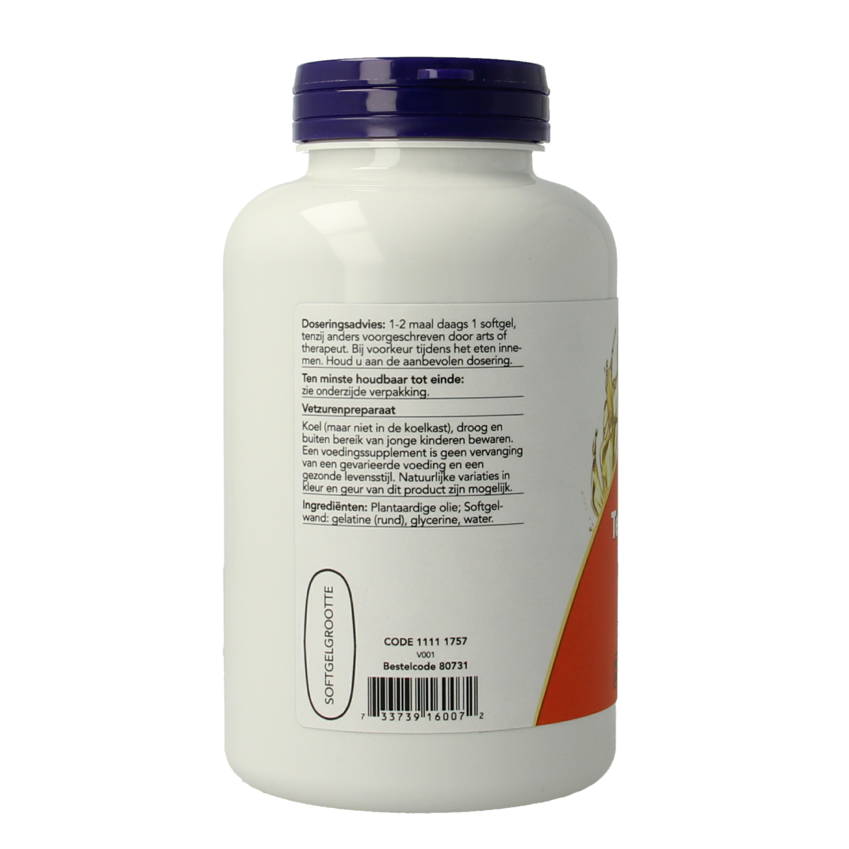 NOW Teunisbloem extra 1300mg softgels, dietary supplement with omega fatty acids, in a clear bottle with softgel capsules inside.