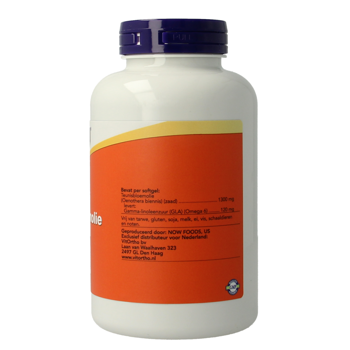 NOW Teunisbloem extra 1300mg softgels, omega fatty acids supplement in a clear bottle with softgel capsules visible.