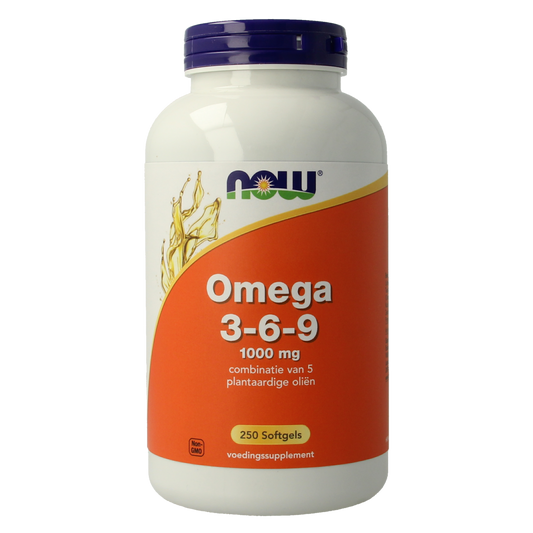 NOW Omega 3-6-9 1000mg softgels, Vetzuren supplement, with golden softgel capsules showing the product.