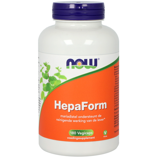 NOW Hepaform 180 vegetarian capsules, herbal supplement in a clear bottle with capsules inside.