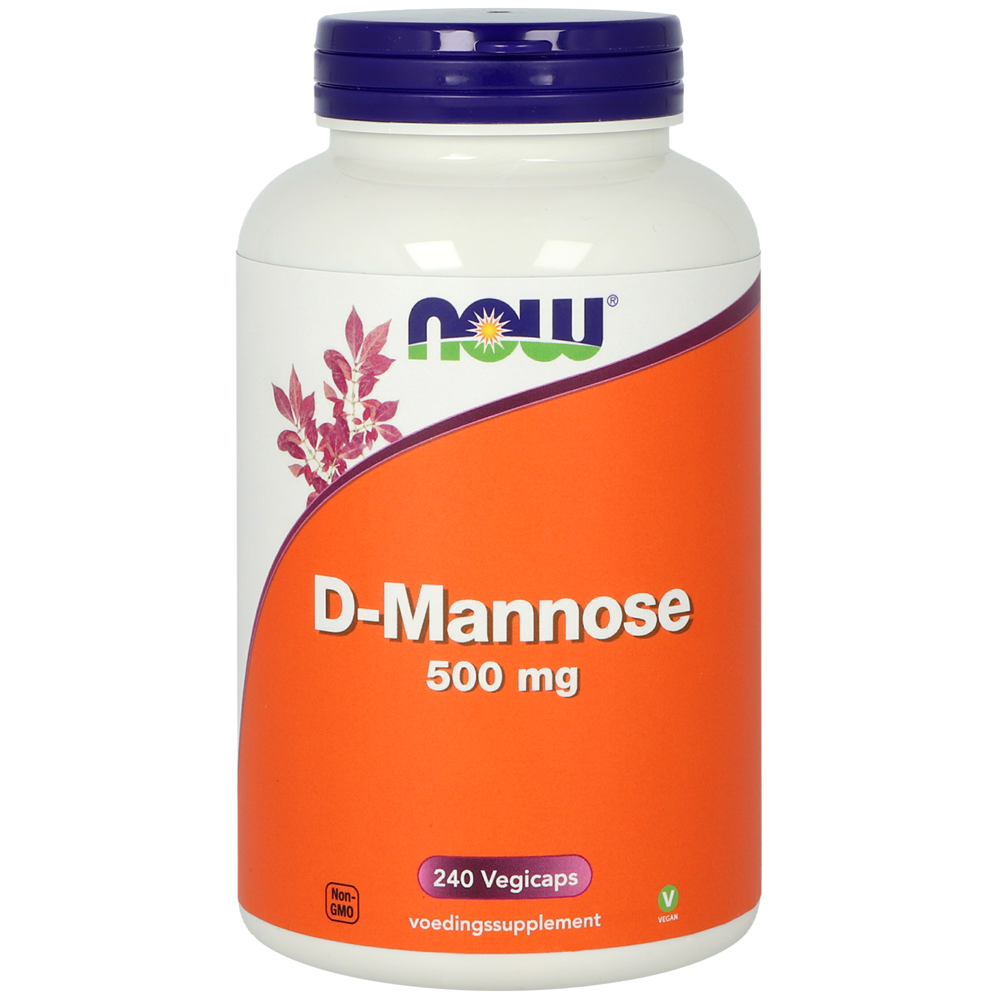 NOW D-Mannose 500mg vegetarian capsules, herbal supplement in a clear bottle with white cap and label, suitable for dietary use