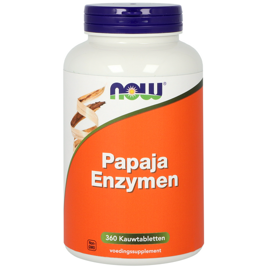 NOW Papaja enzymen chewable tablets in a bottle, herbal supplement with natural papaya enzymes for digestion.