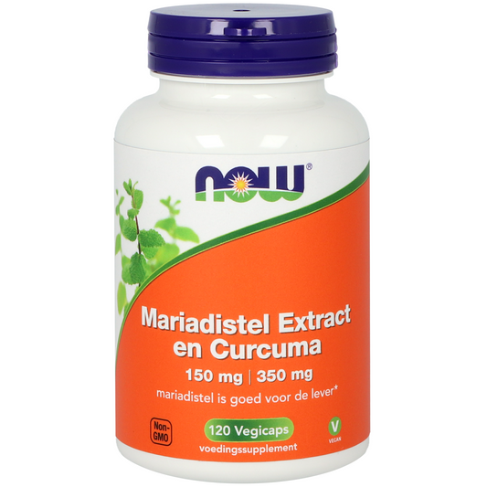 NOW Mariadistel and turmeric herbal capsules, 150mg and 350mg, vegetarian supplement in a clear bottle with capsules inside.