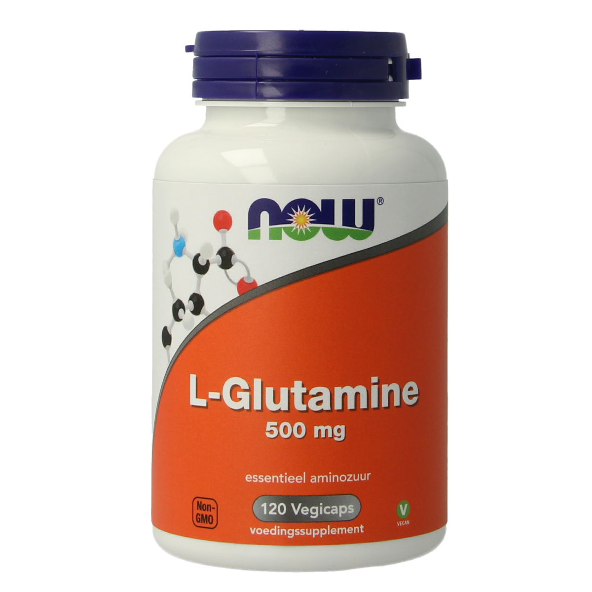 NOW L-Glutamine vegetarian capsules, 500mg, in a clear bottle with white capsules labeled NOW for amino acid support.