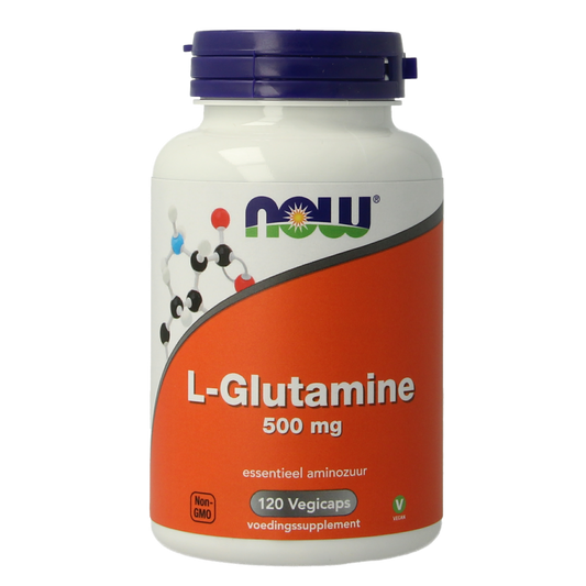 NOW L-Glutamine vegetarian capsules, 500mg, in a clear bottle with white capsules labeled NOW for amino acid support.