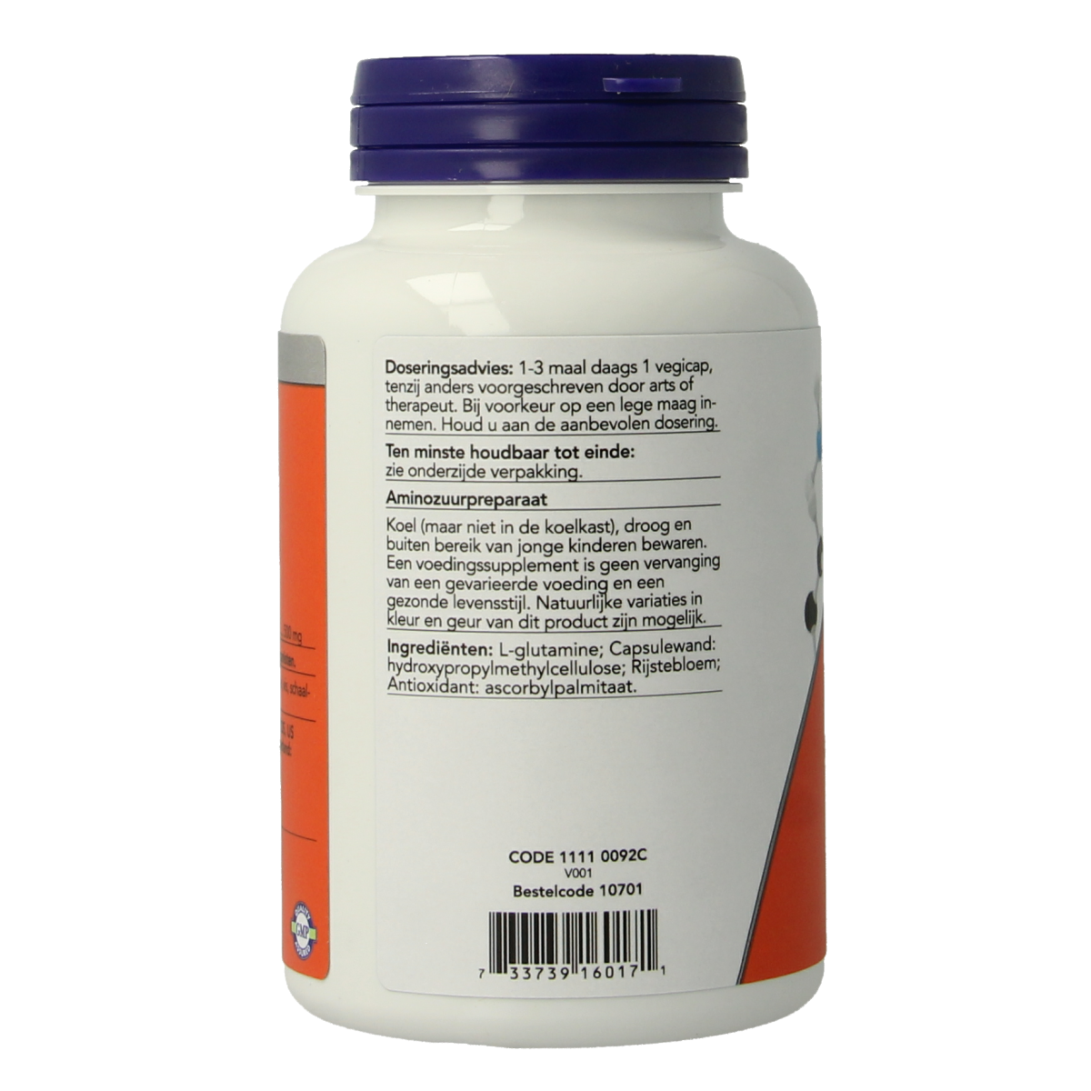 NOW L-Glutamine vegetarian capsules, 500mg, in a clear bottle with white capsules, labeled as amino acids supplement.