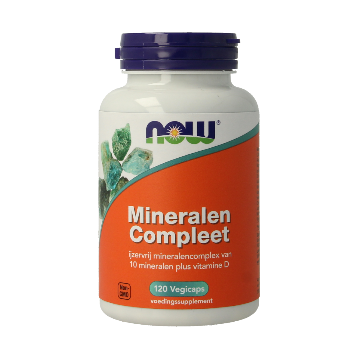 NOW Mineralen compleet vegetarian capsules, multi-mineral supplement in a clear bottle with white capsules visible inside.