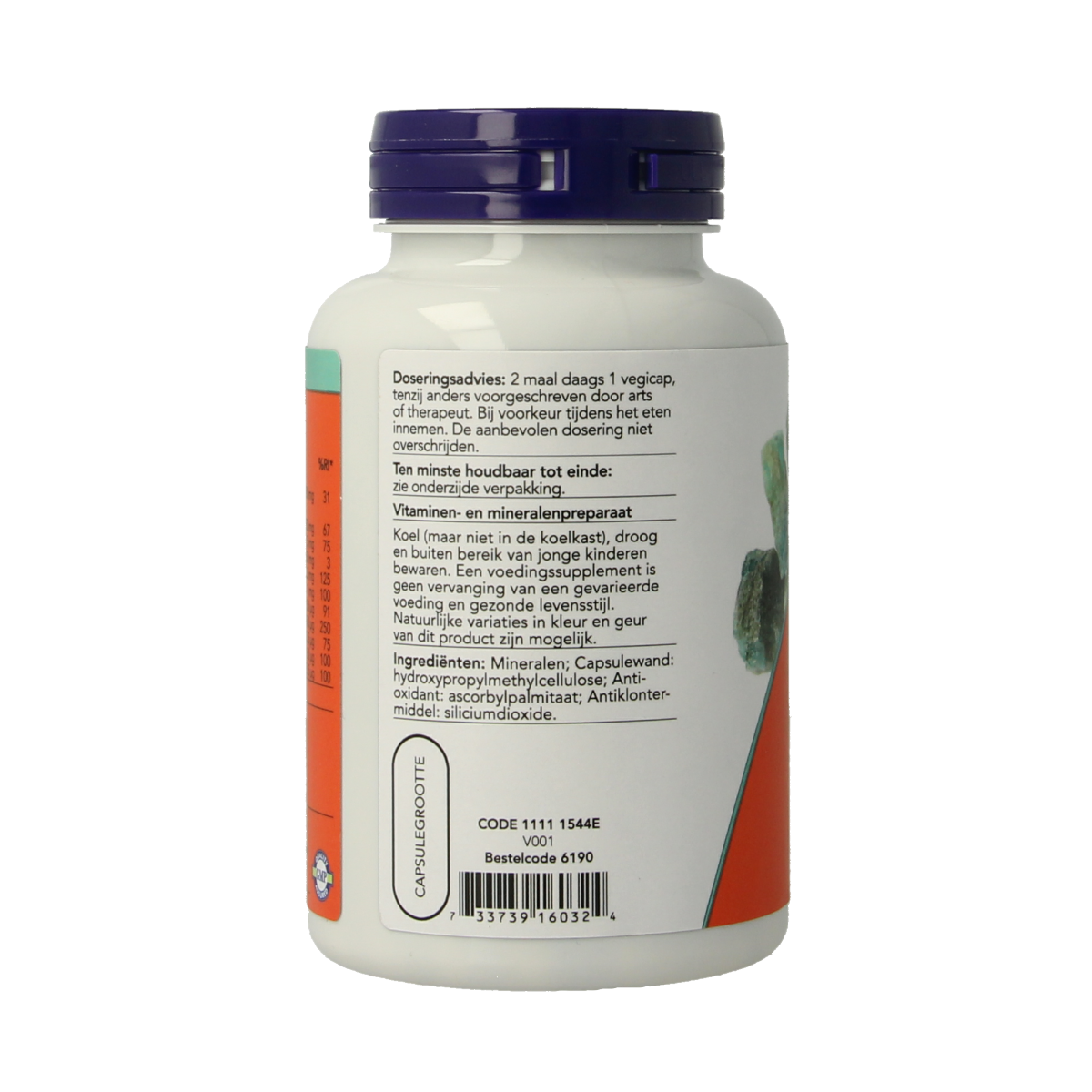 NOW Mineralen Compleet vegetarian capsules, mineral multivitamin supplement in a clear bottle with capsules visible.