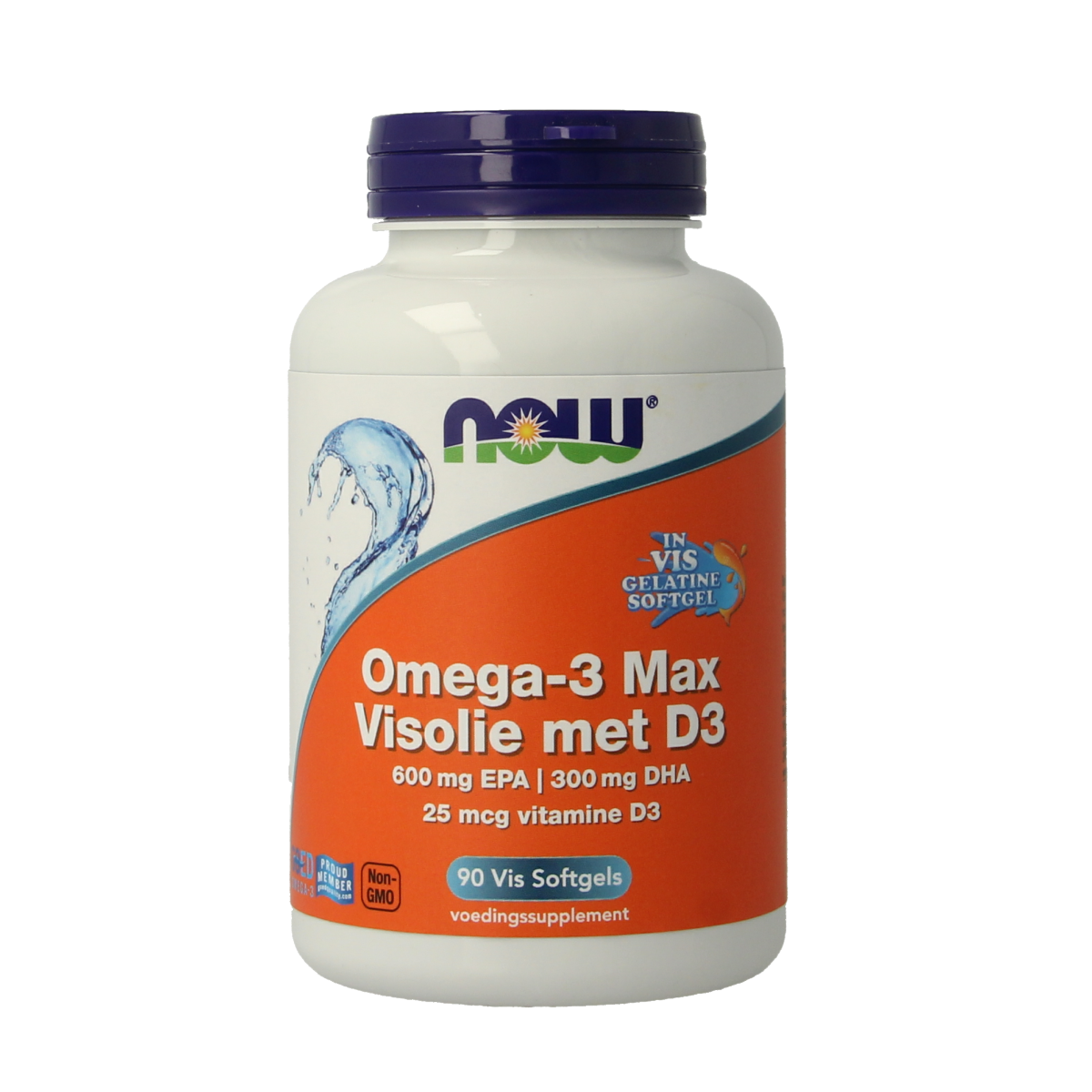 NOW Omega 3 Max softgels with EPA, DHA, and D3, showing a bottle of 90 omega-3 fatty acid softgel capsules.